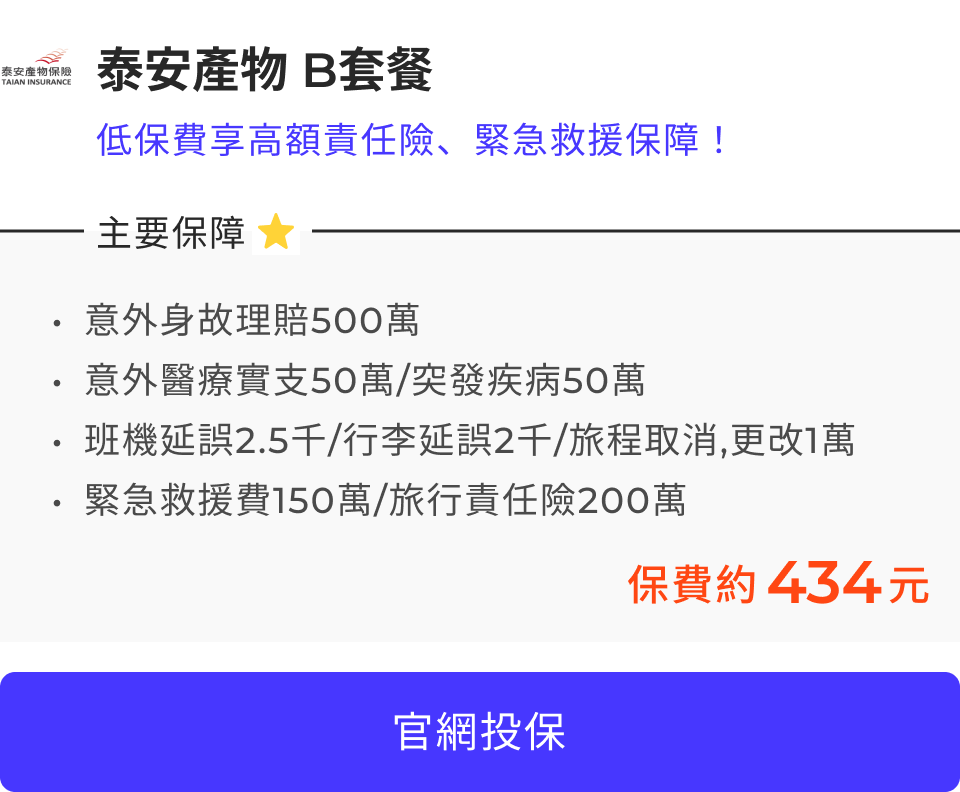 泰安旅遊險線上投保方案（包含旅平險線上投保與旅遊不便險線上投保），最推薦B套餐，含50萬醫療保障加500萬身故保障，保費約434元